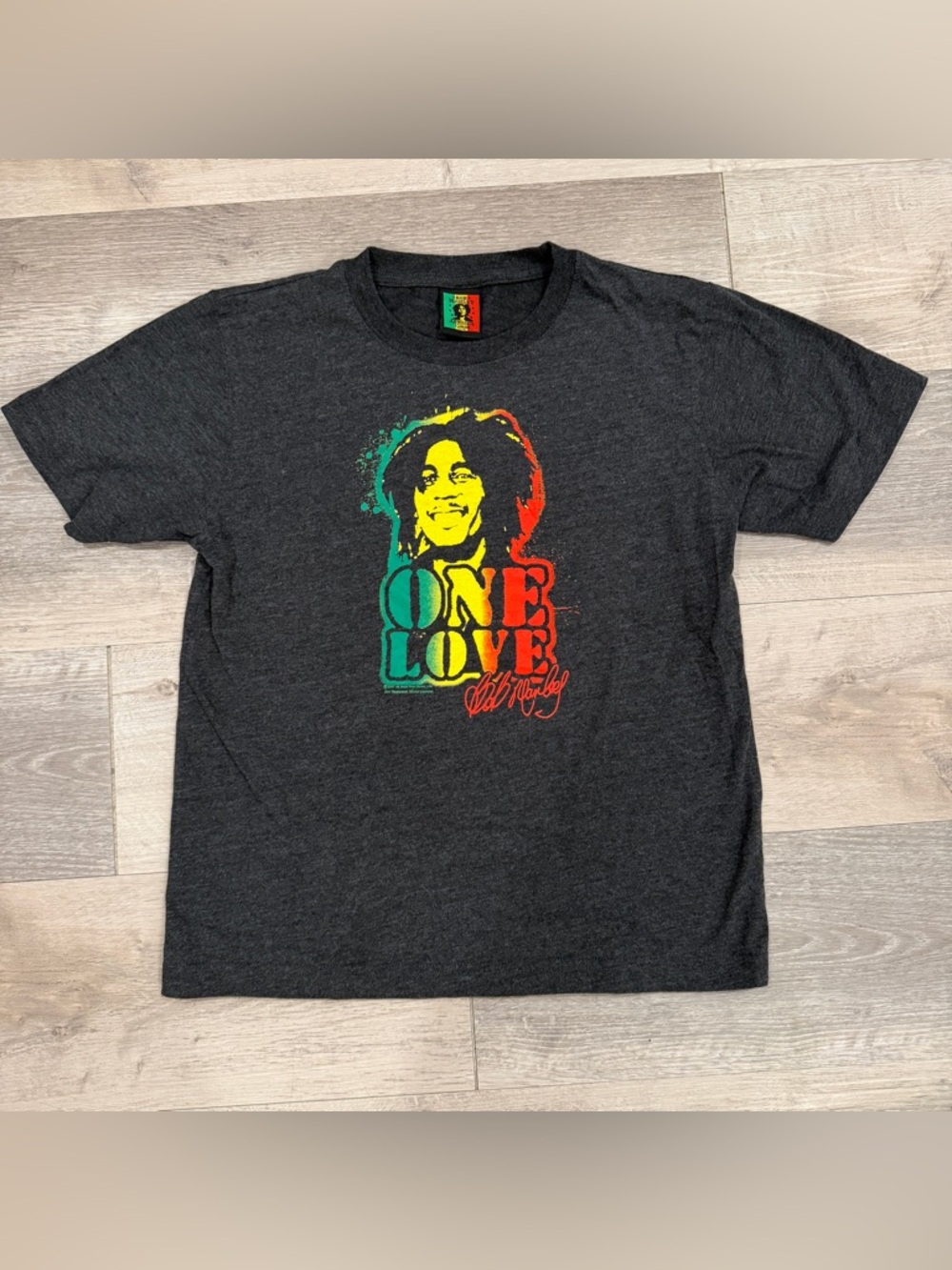 Bob Marley Charcoal 'One Love' Graphic Tee with Red, Yellow & Green Print S